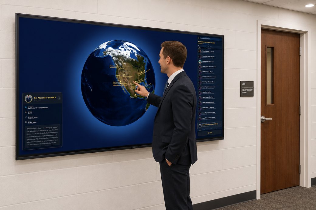 The Missionary Display Platform running on a stake center touchscreen kiosk, showing missionaries pinned on a 3D globe
